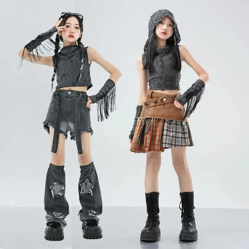 الأطفال مرحلة الجاز زي الفتيات الهيب هوب الرقص الزي Kpop أداء ملابس الاطفال الشارع الرقص دعوى أعلى تنورة خلط السراويل