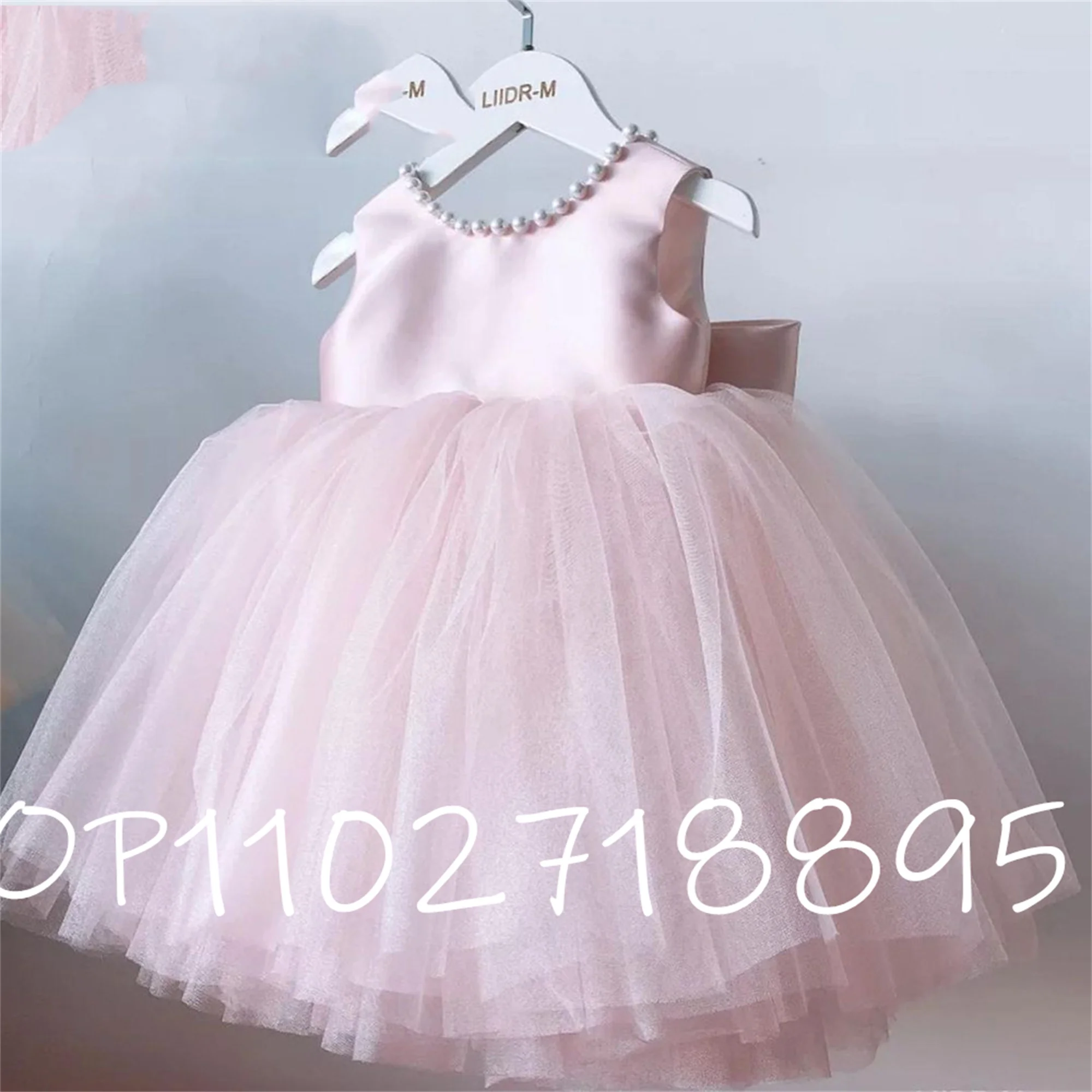 Pink Flower Girl Dress 2021 Bow Pearl Princess Dress For Girl senza maniche abiti da prima comunione Puffy Children Dress