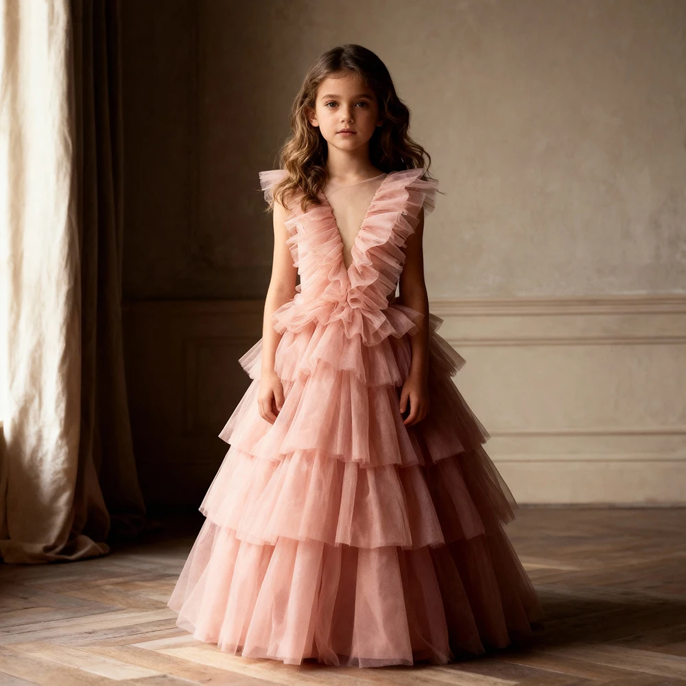 

Pink Ruffles Little Flower Girls Dresses for Weddings Baby Party Children Photoshoot Dress Photoshoot Elegant Gowns for Kids