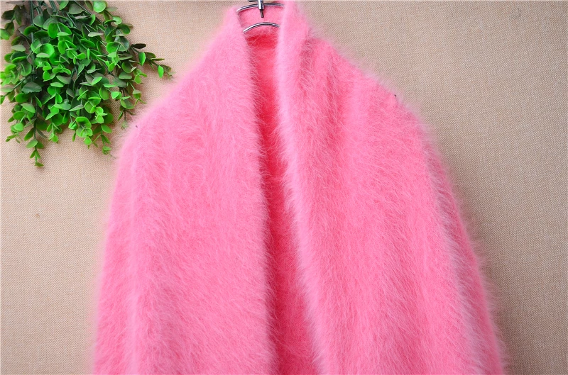 Ladies Women Fall Winter Clothing Pink Hairy Angora Rabbit Hair Knitted Long Sleeves Loose Long Sweater Cardigans Mantle Jacket