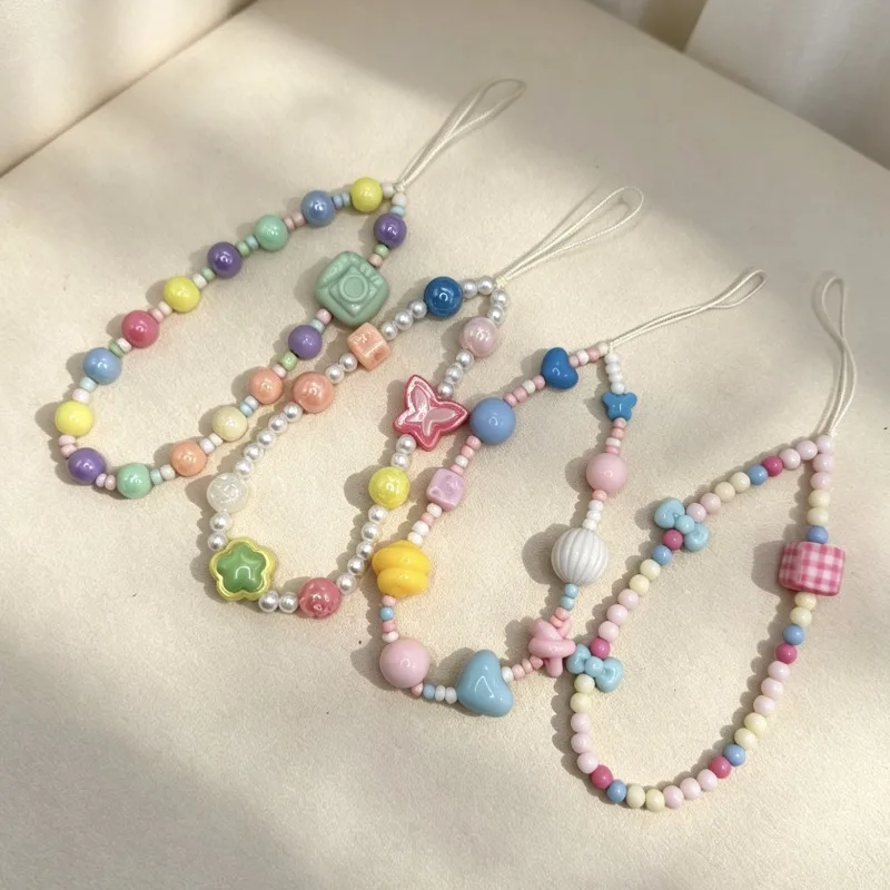 Acrylic Beaded Rainbow Heart Phone Strap Lanyard for Handmade Cell Phone Charm DIY Keychain