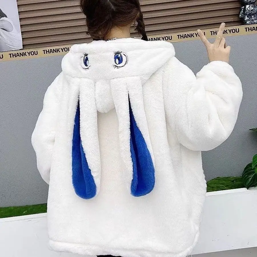 Plush 2023 Autumn Winter New  Collection  with  Thick Cotton  Loose and Fashionable Small Student Cotton  Coat  Blue Ears  Style
