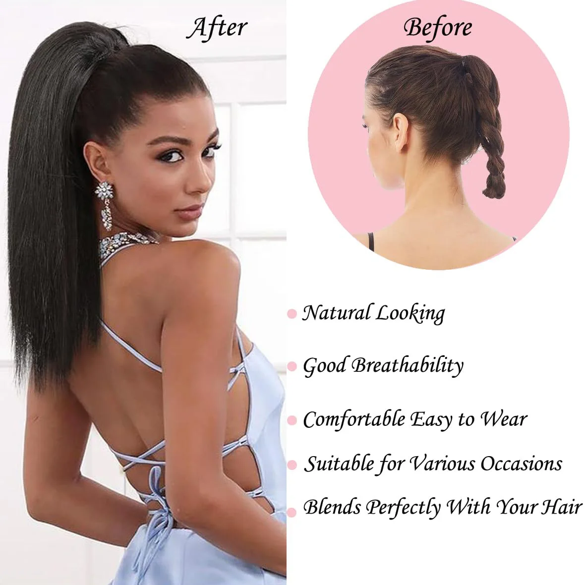 クローポニーテールエクステ ブラック 16インチ ストレート クリップ式ポニーテールヘアエクステンション 女性用合成ヘアピース