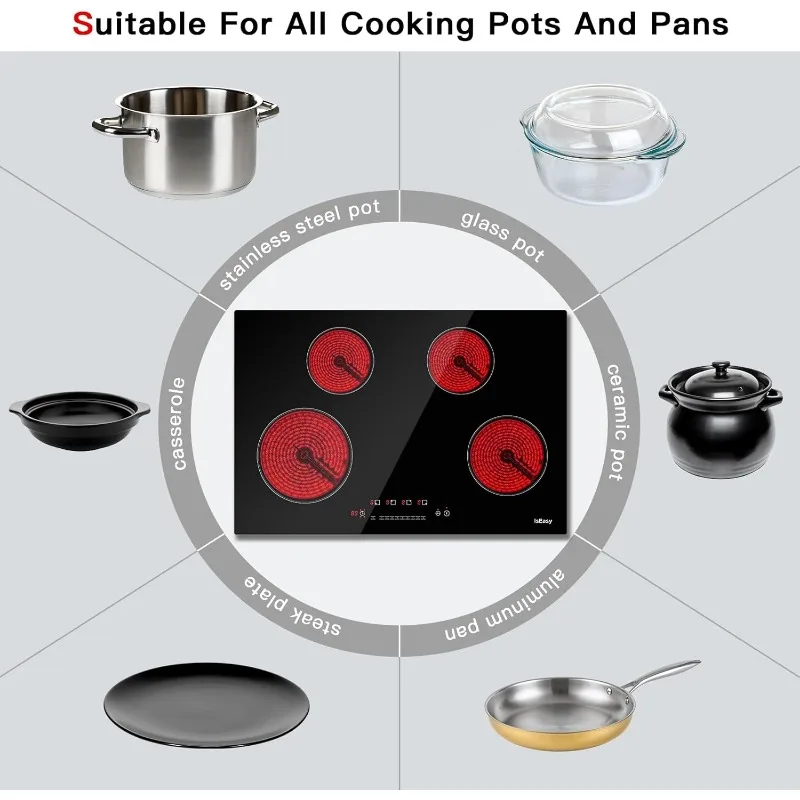 Электрическая варочная панель, 30-дюймовая керамическая плита, 4 конфорки, встроенная плита, электрическая плита, варочная панель из атласного стекла с черным сенсорным датчиком