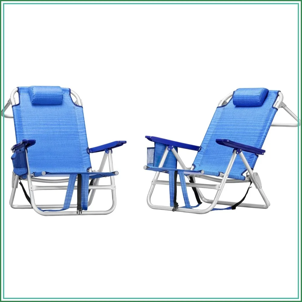 Folding Beach Chairs for Adults 2 Pack Heavy Duty Camping Lounge with Pockets Cup Holder Navy
