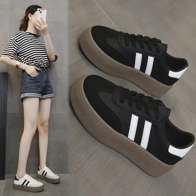 Sepatu Sneakers kulit wanita, sepatu vulkanisir ringan untuk wanita kanvas ujung bulat kasual olahraga Platform Sneakers Zapatos Mujer