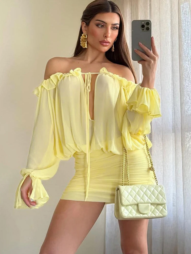 Oniflyme Flare Sleeve Off Shoulder Mini Dress Women Sexy Ruffles Slash Neck Hollow Out Backless Bodycon Robes Slim Party Dresses