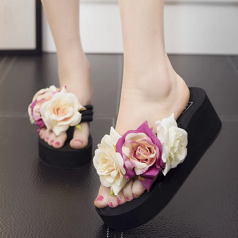 Ladies Slippers Summer Flip Flop Flowers decoration Female Flip flops High heels EVA Flip flops Bohemia Beach Slippers Shoes