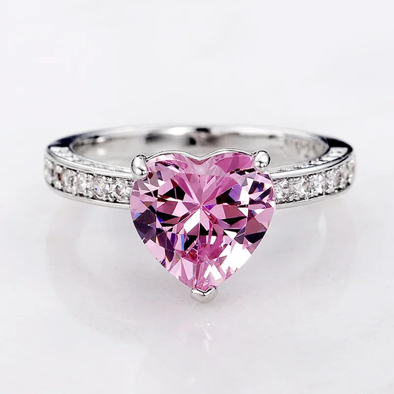 Romantic Pink Heart shaped Ring for Female Cubic Zirconia Bridal Wedding Party  with Minimalist Fashion Jewelry Accessories