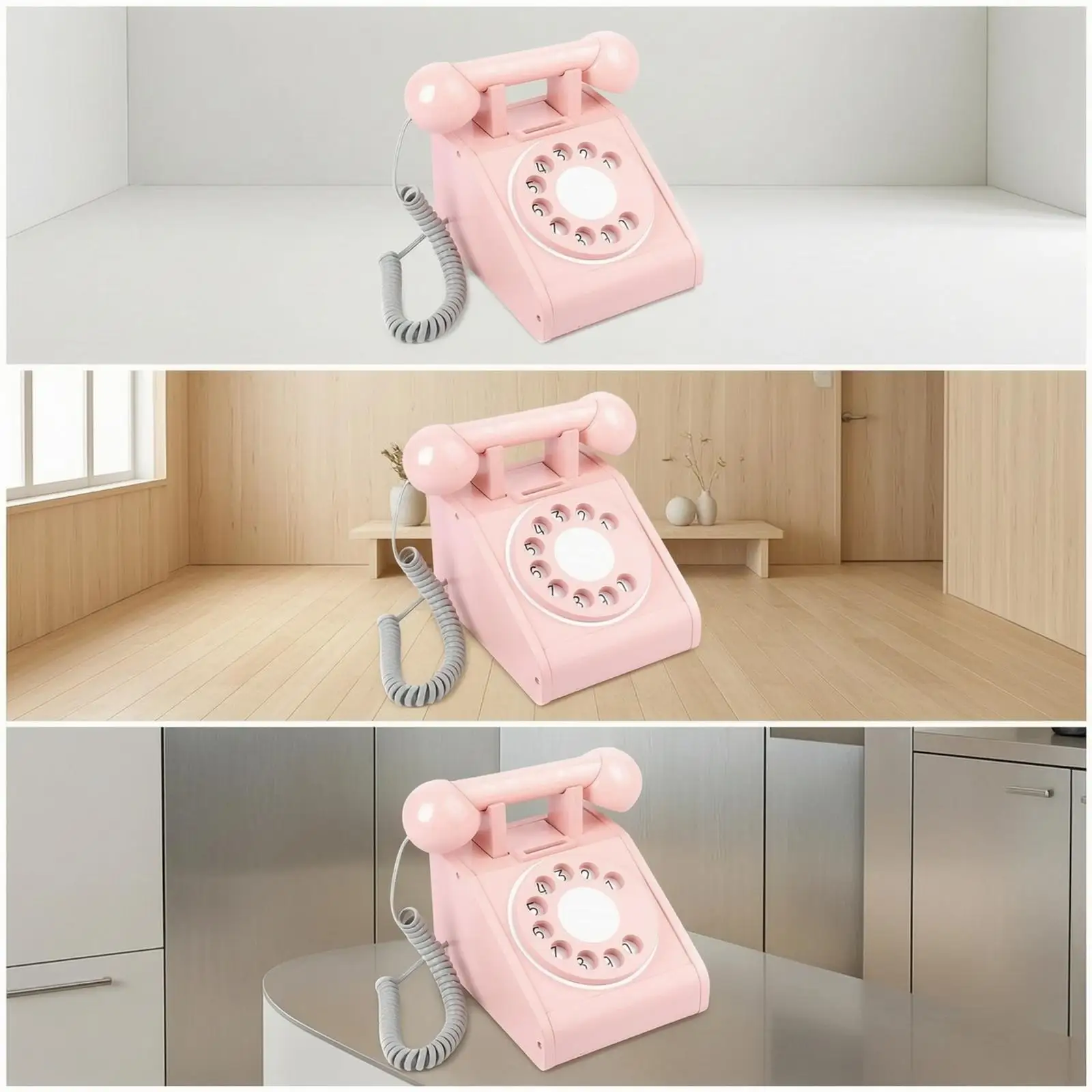 Kids Wooden Pretend Phone Pink Retro Rotary Dial Toy Telephone for Children Age 4-6 Learning Communication Social Interaction