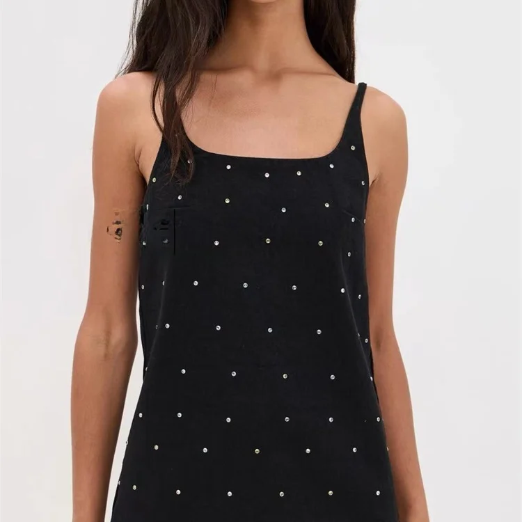 スーザン ブラック クリスタル装飾デニムベストドレス ショート丈 ストラップレス ホリデースタイル レディースファッション カジュアル サマードレス