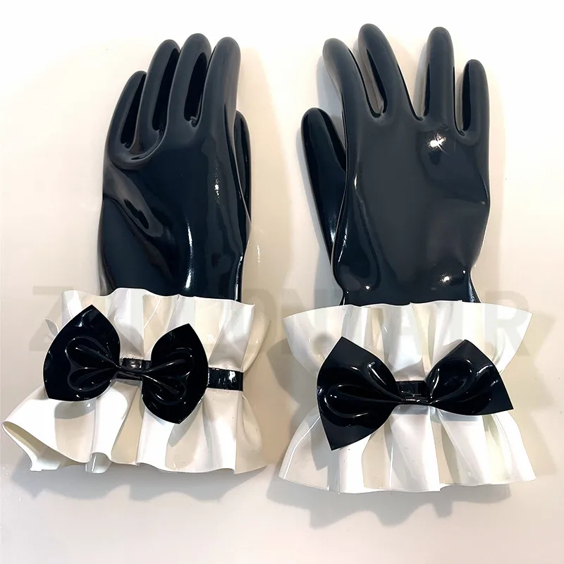 New Sexy Lingerie Women Handmade Latex Princess Club Wear Short Wrister Lace Cording Gloves with Lace Bow Bowknot Bracer Fetish