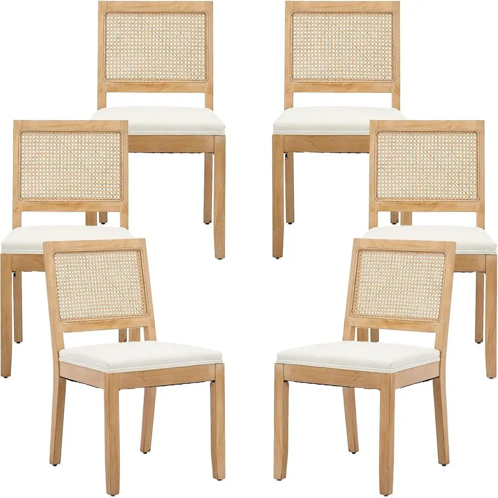 

6-Piece Rattan Back Dining Chairs Set with Solid Wood Seats for Home or Restaurant (Beige)