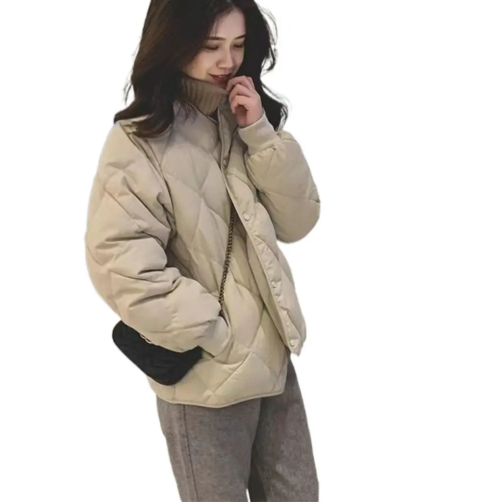 

Women's Light down Cotton-Padded Coat Autumn Winter New Style Short Academy Ladies All-match Diamond-Shaped Collarless Coat