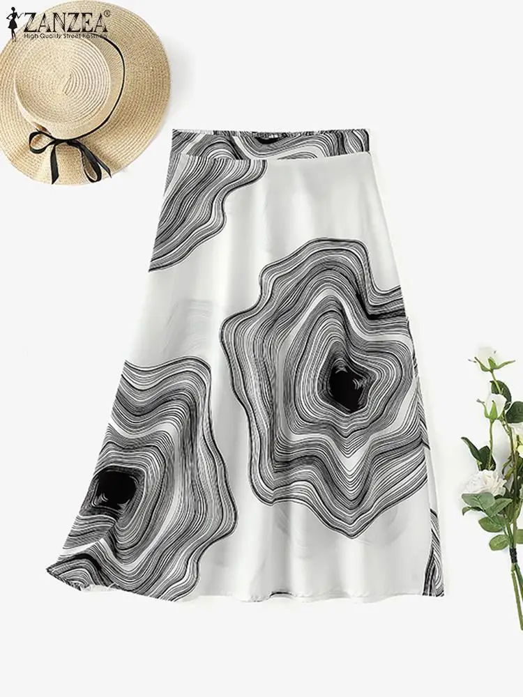 Casual A-line Holiday Faldas Women Summer Printed Skirts ZANZEA Fashion Elastic High Waist Jupes Korean Vintage Midi Overskirts