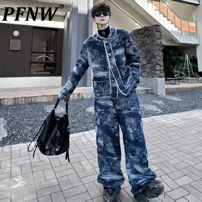 PFNW Autumn Men\'s Set Round Neck Long Sleeve Jacket High Street Rough Edge Male Wide Leg Pants Contrast Color Clothing 28W4786