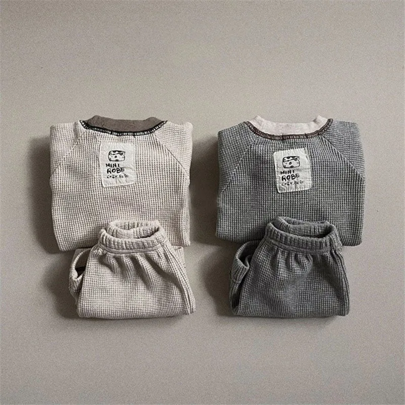 Autumn New Baby Long Sleeve Clothes Set Boys Girls Solid Waffle Tops + Shorts 2pcs Suit Infant Toddler Casual Sweatshirt Outfits