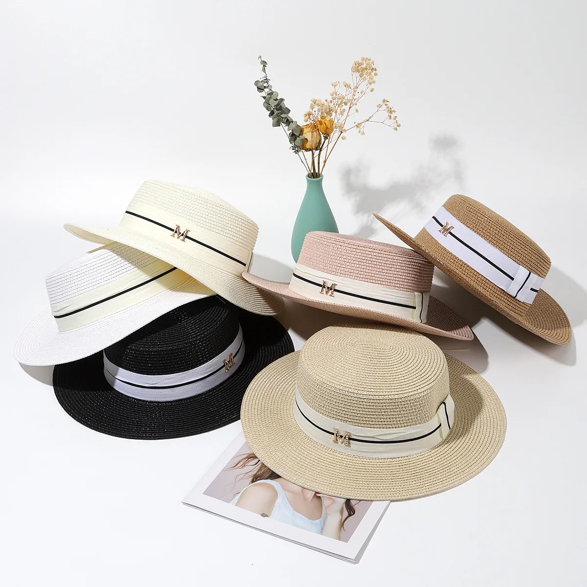 

French Flat-top Hat Summer Sunshade Big Head Straw Hat Vacation Trip To Taiwan Pp Women's Straw Panama Flat Brim Hat