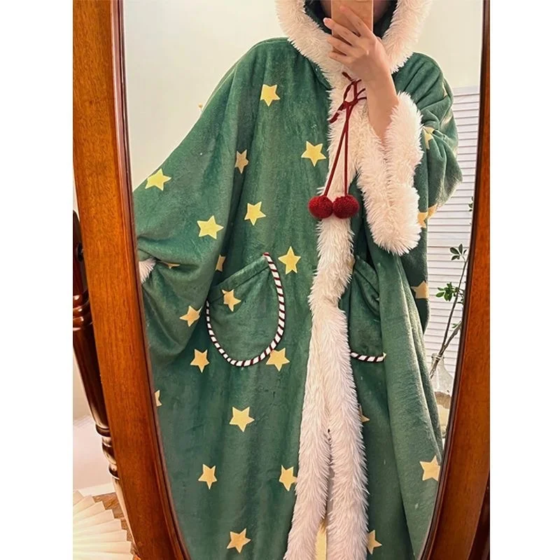 2025 Winter Cute Green Christmas Star Pajamas Snowman Nightgown Thick Flannel Cartoon Suitable Home Wear Nightgown