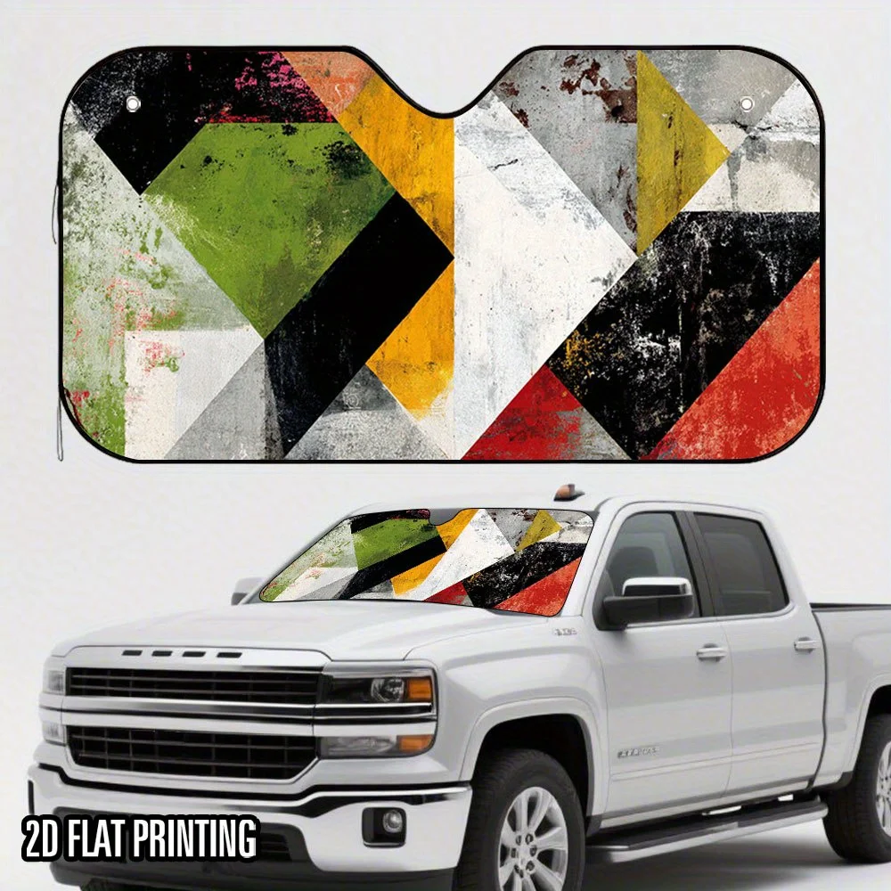 

1pc 2D Flat Colorful Geometric Chaos Print Car Sunshade With 4 Suction Cups – Foldable, Easy To Install, Keeps Car Cool, Perfect