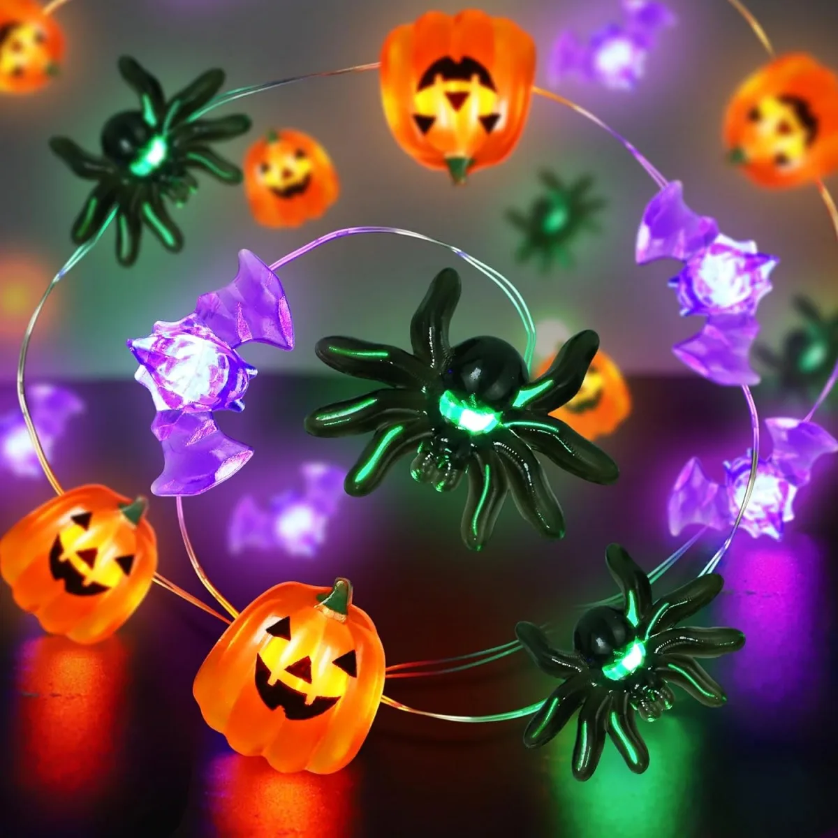1pc LED Halloween Pumpkin Spider Bat String Light Battery Operated Waterproof Indoor And Outdoor Spooky Atmosphere Hanging Decor