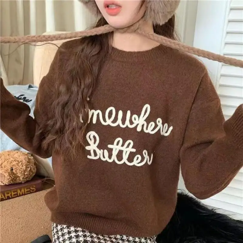 

Модный вязаный свитер для женщин на раннюю весну с вышивкой букв, длинными рукавами, свободного кроя, повседневный, с круглым вырезом, в корейском стиле, новая модель худи