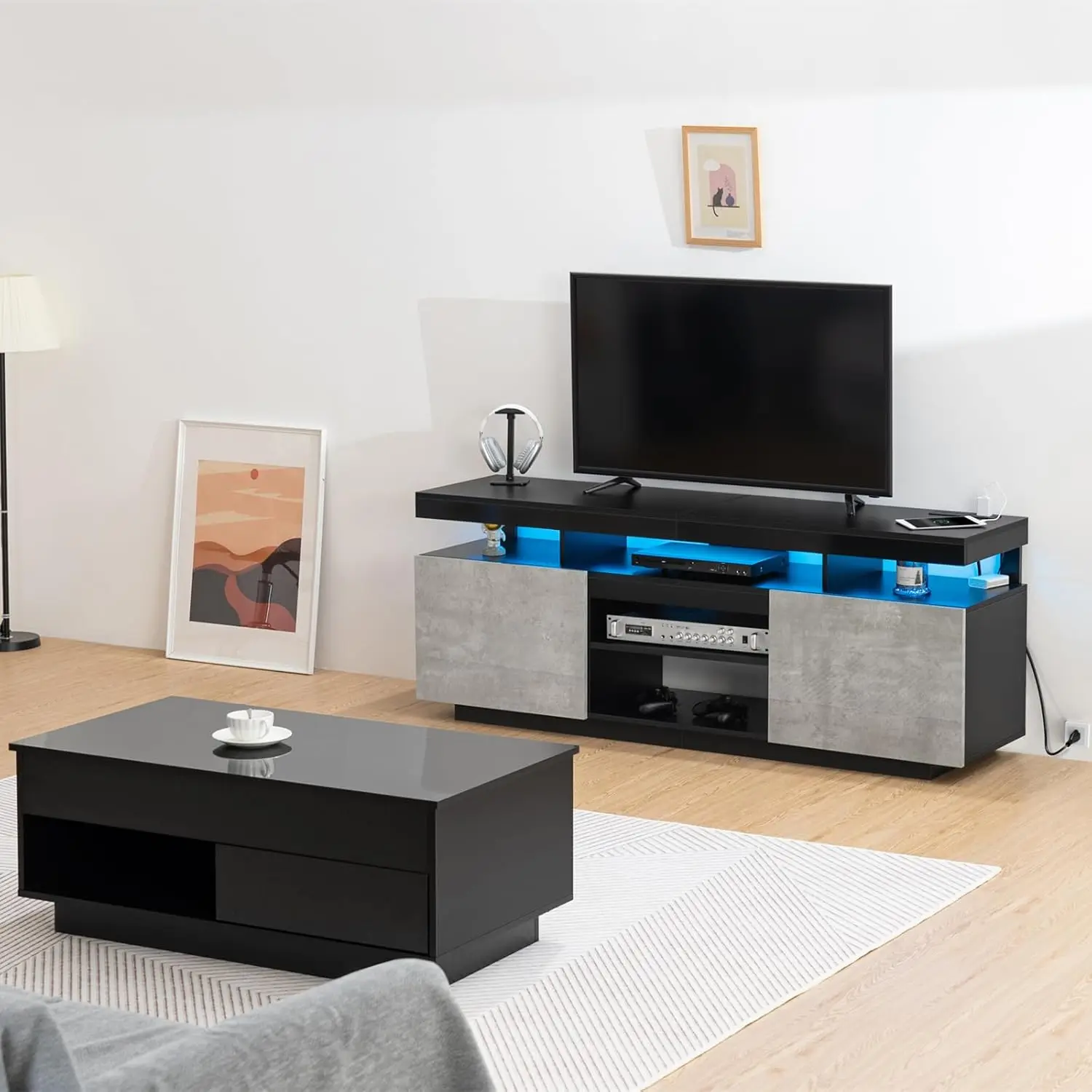 

LED Lift Top Coffee Table TV Stand Power Outlets Hidden Compartment Living Room 70 inch Grey Black Customized