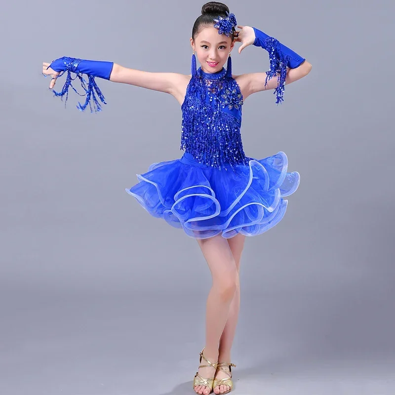 Vestido de baile latino con flecos de lentejuelas para niñas y niños, faldas de competición, disfraces, vestidos de baile de salón