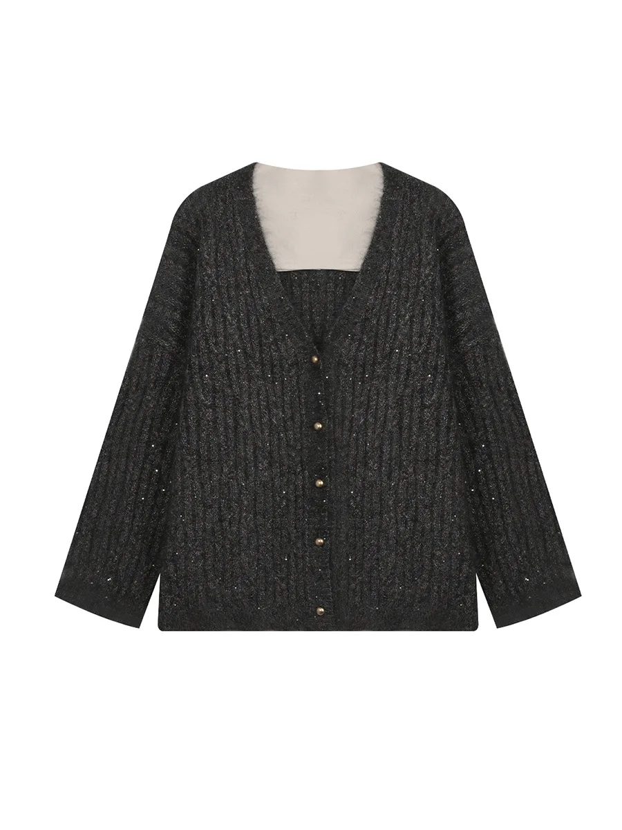 

Золотистый вязаный кардиган-свитер с V-образным вырезом и длинными рукавами из серии Twinkle Knitted, премиум-класса, для женщин