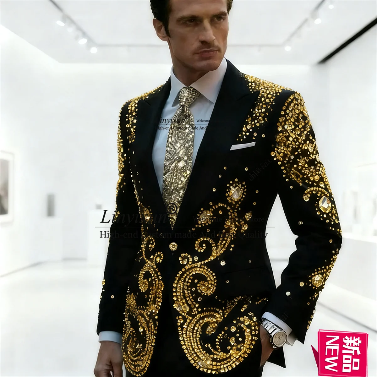 Sparkly Metallic Beaded Wedding Suits For Men Customized Groom Tuxedos 2 Pieces Sets Blazers Slim Fit Terno Masculinos Completo