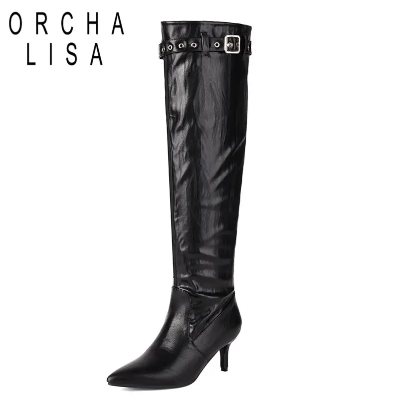 

ORCHA LISA Горячие женские сапоги до колена с острым носком 6,5 см на тонком каблуке без шнуровки с пряжкой на ремне Плиссированные большие размеры 44 45 46 Банкет Осень