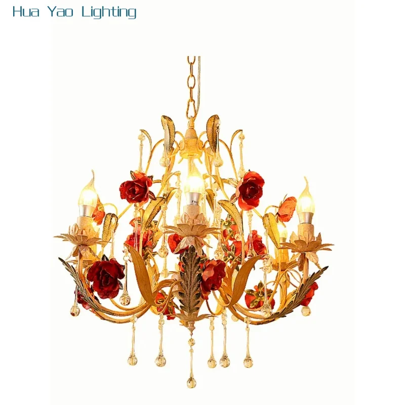 Rural Flower Grass Chandeliers Iron Living Room Restaurant Light Bedroom Rose Lamp American Country Chandelier Modern Home Decor