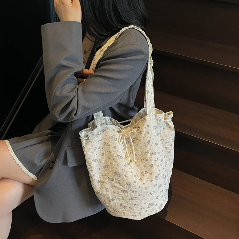 

​​2025 Summer Womens Floral Shoulder Bag Korean Style Cute Canvas Tote Large Capacity Casual Outing Purse​