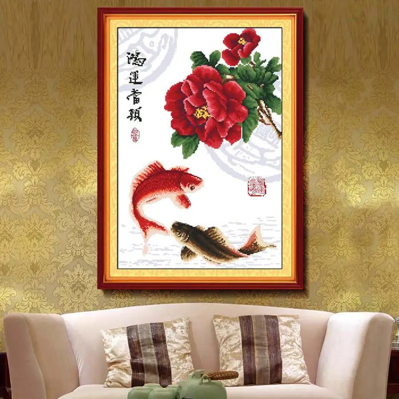 

Handmade cross stitch finished living room and bedroom decoration painting, small carp and peony version, with good fortune and