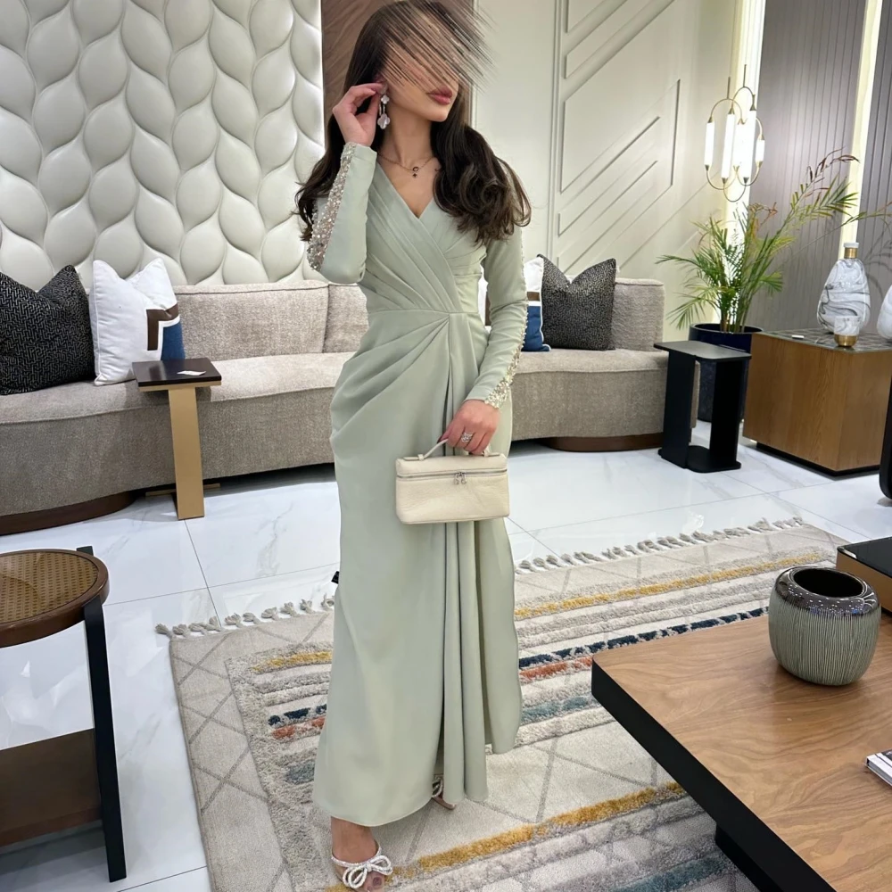 

Evening Saudi Arabia Jersey Pleat Rhinestone Clubbing Sheath V-neck Bespoke Occasion Gown Midi Dresses