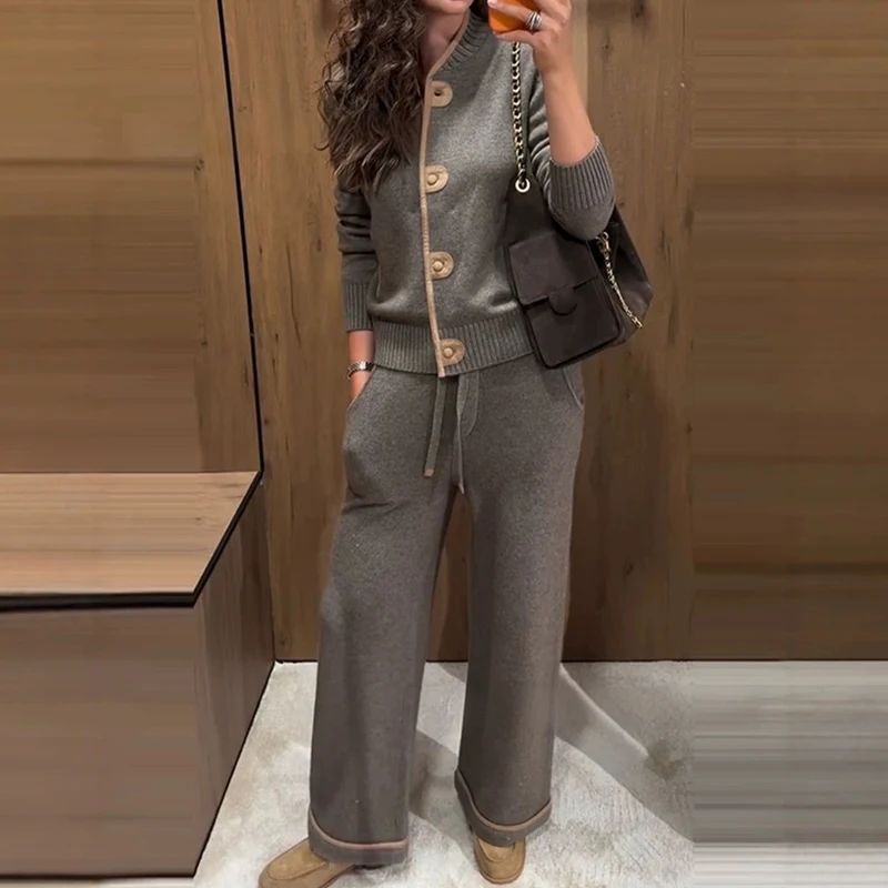 Autumn Winter Casual Loose Sweater Set Fashion O-neck Cardigan Coats & Pant Suit Women Elegant Color Matching Long Sleeve Outfit