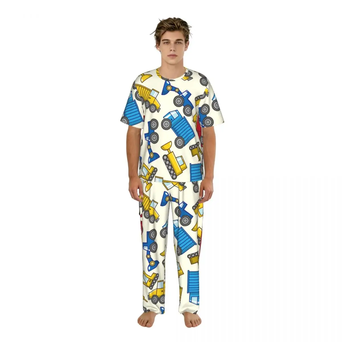 

Men Pajamas Set Trucks Print Short Sleeve Spring Summer Lounge Sleepwear Male Nightwear