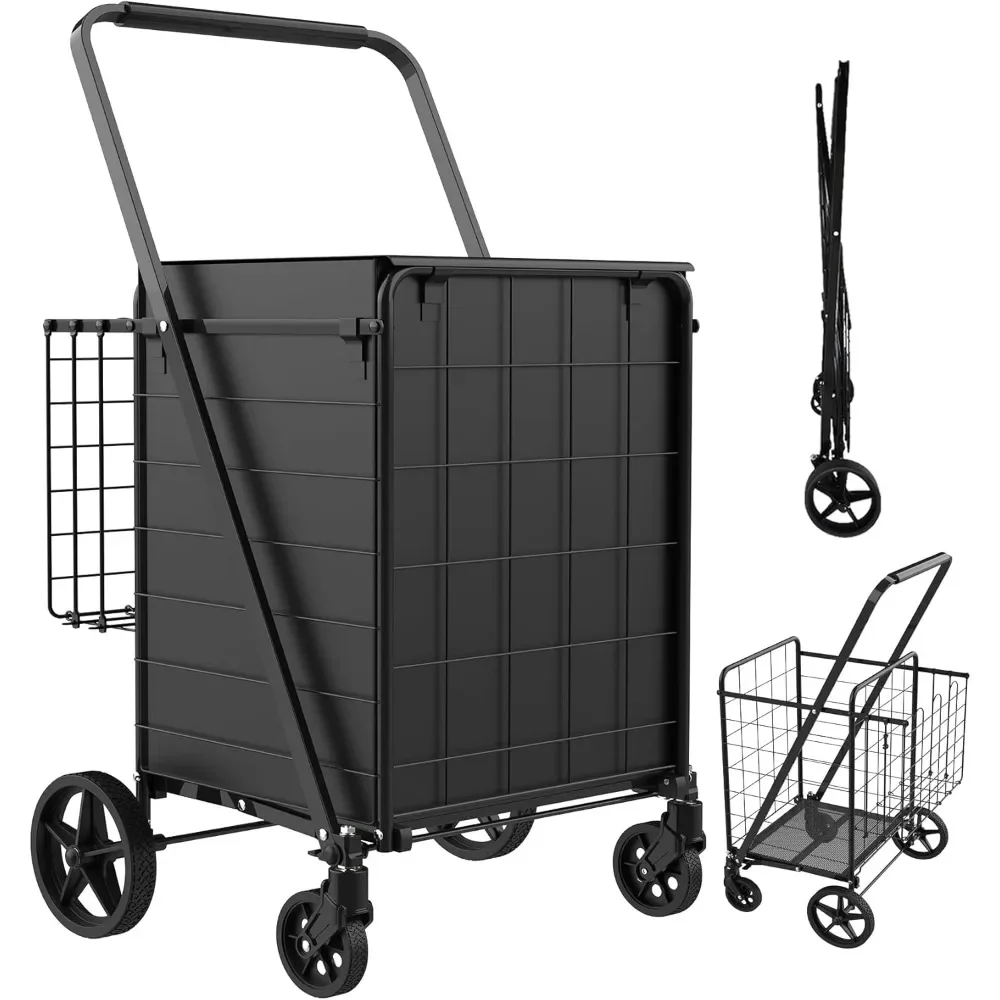 

Foldable Shopping Cart with Waterproof Bag, 360° Swivel Wheels & Double Basket, 300lbs Capacity Shopping Cart for Groceries