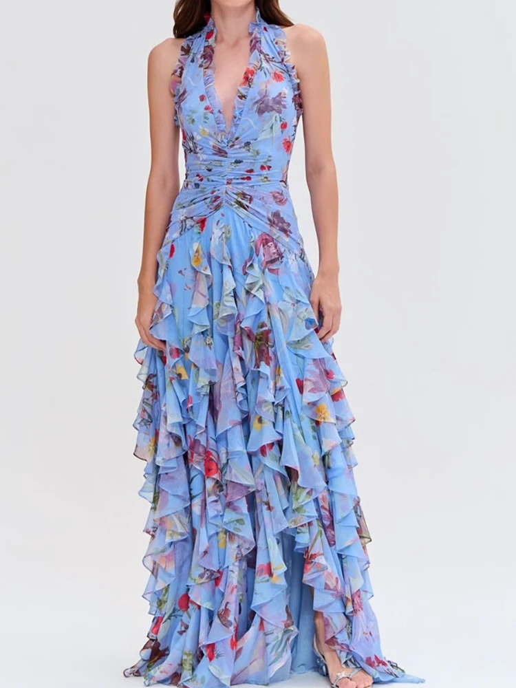 

2025 summer women's new high-grade feeling hanging neck deep V fold ruffled irregular dress temperament banquet long dress