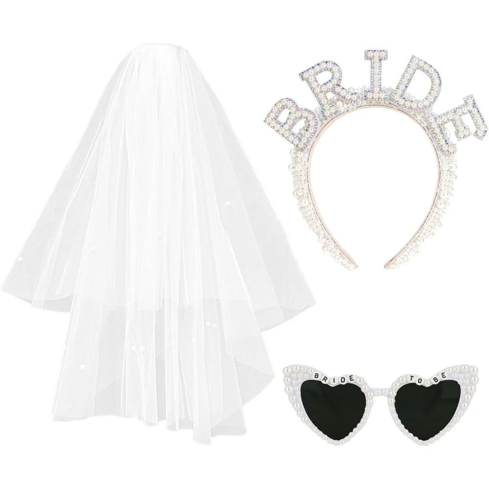 

3pcs Pearl Headband Bride Veil Heart Sunglasses for Bachelorette Party Supplies Bride Accessories Wedding Bridal Shower Gifts