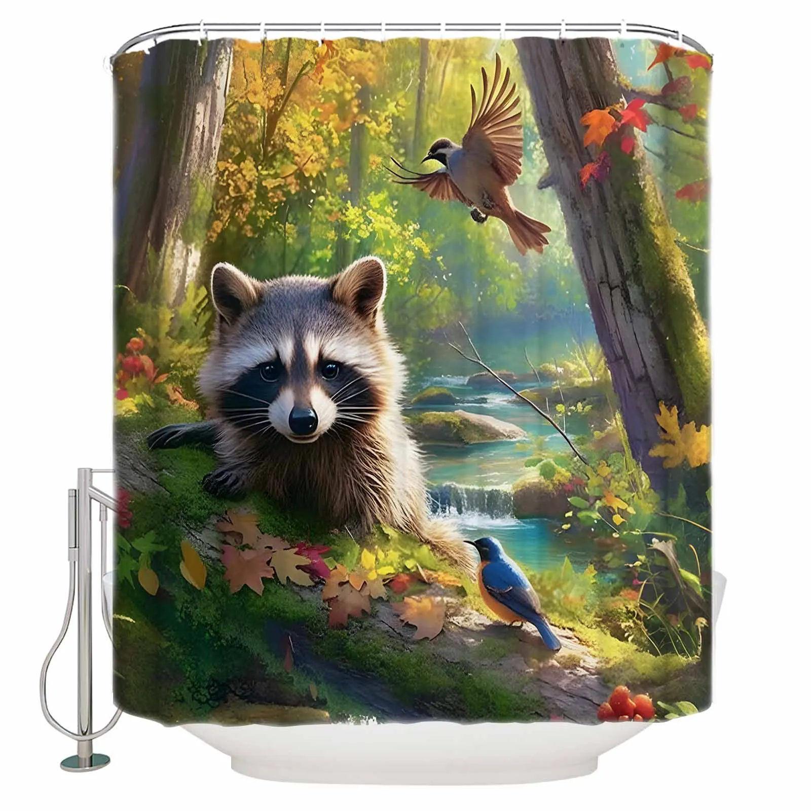 Bird Forest Stream Raccoon Shower Curtains Waterproof Bath Curtains Home Decor Modern Luxury Bathroom Curtain