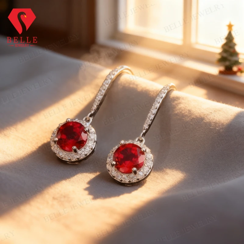 Boucles d'oreilles rondes en pierres précieuses cultivées en laboratoire, 2,4 à 5,5 ct, rubis, colombie, longues clous d'oreilles pour femmes, cadeau de Thanksgiving, hypoallergénique