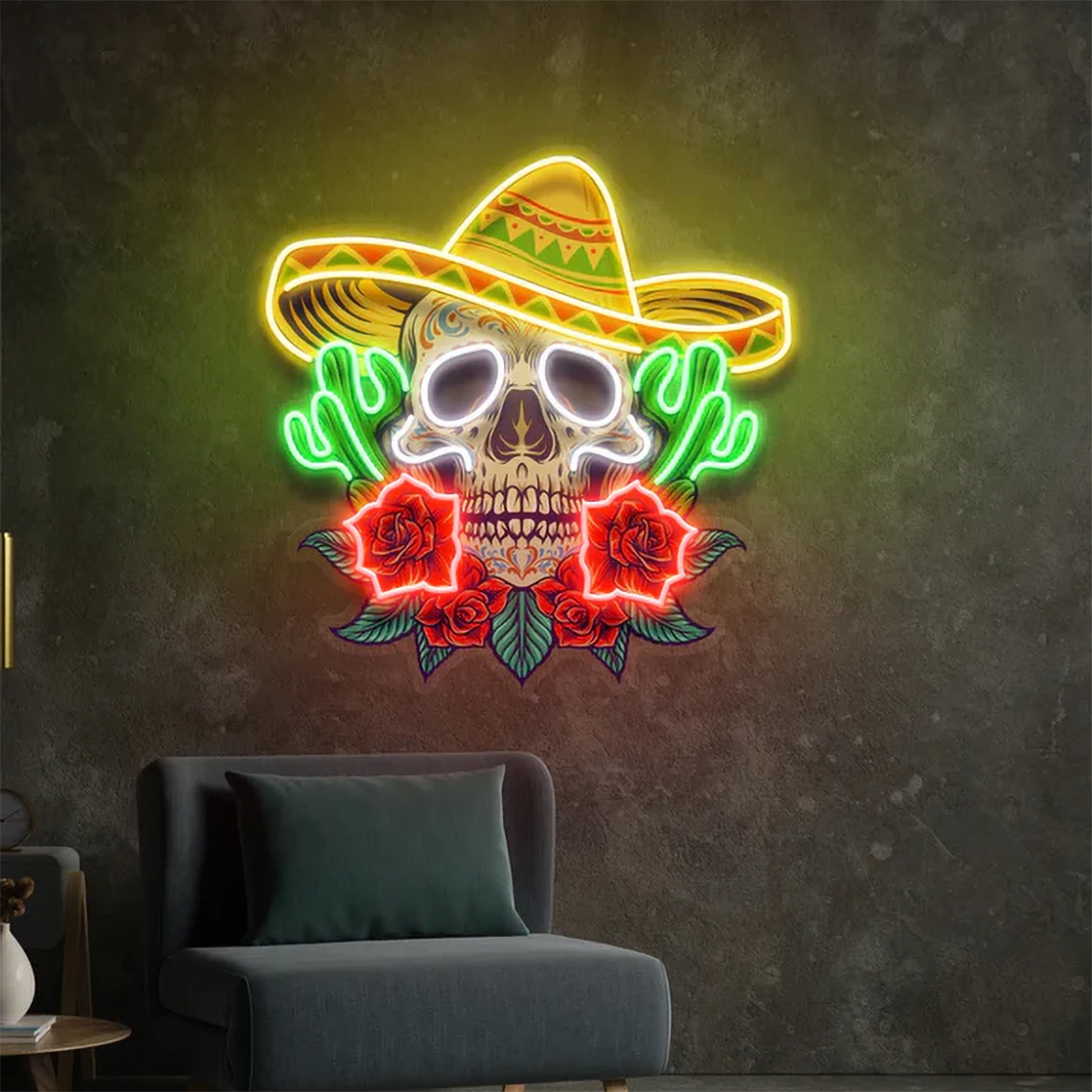 Skull Neon Sign UV Printed Skull Art Neon Mexican Food Restaurant Decor Kitchen Coffee Home Bar Wall Decor