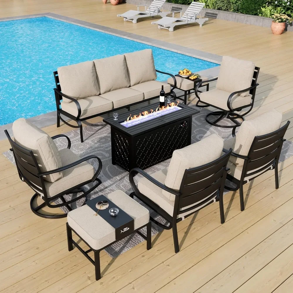 8 PCS Patio Furniture Set with Fire Pit Table, 3-Seat Bench Sofa, 2 Swivel Sofa Chairs, 2 Leg Chair, 2 Ottoman, Metal Patio Set