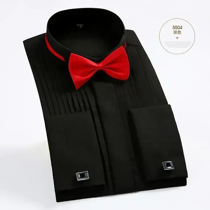 New Men's Wedding Party Club Dress Shirts with Bowtie Slim Fit Solid Wing Tip Collar Tuxedo Shirt Long Sleeve Male Shirts Tops
