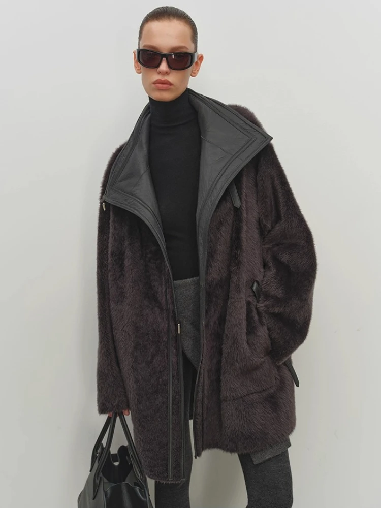 High-end Luxury Natural Lamb Fur Jackets Shearling for Women Simple Stand Collar Mid-length Winter Genuine Leather Real Fur Coat