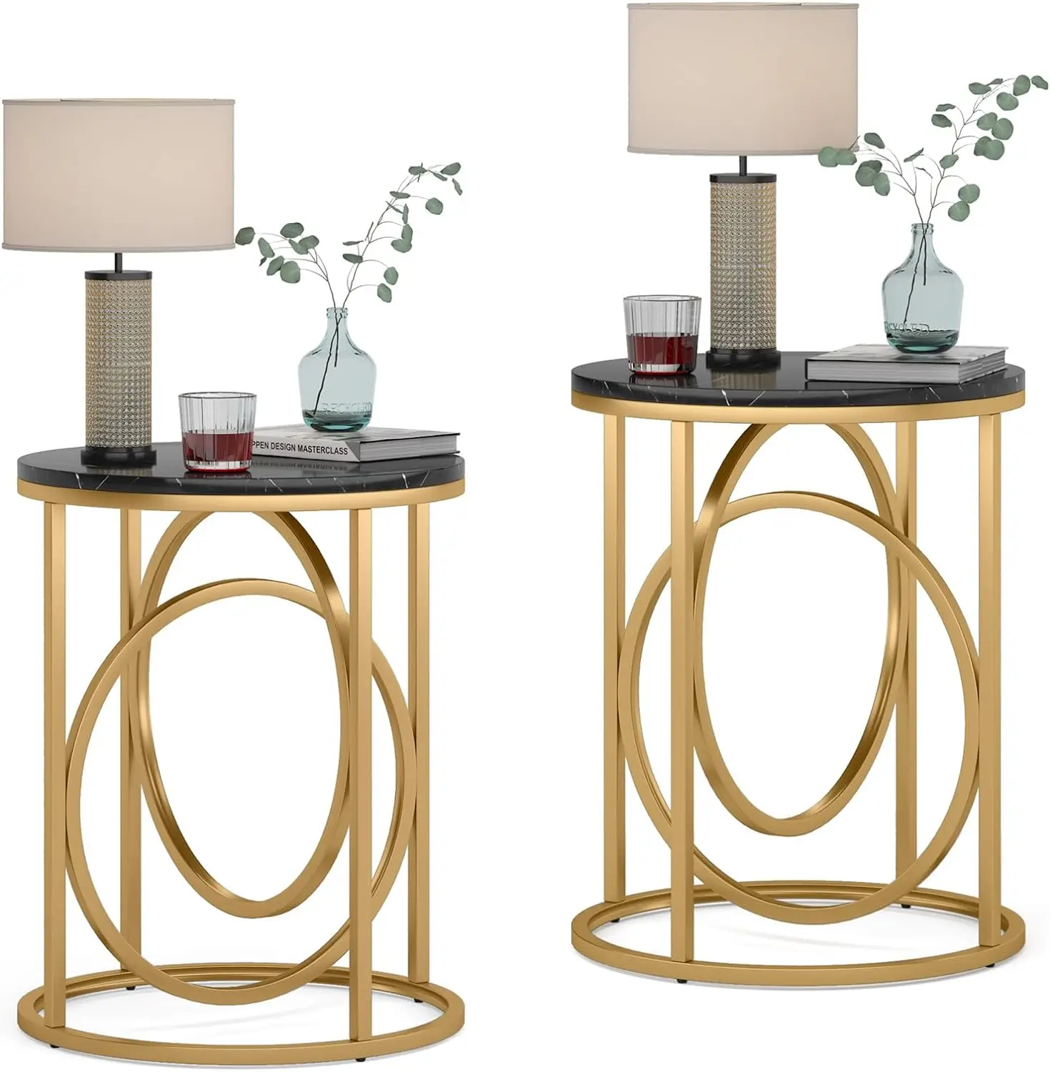 Modern Round End Table Set of Two, 20”Sofa Side Table Cocktail with Gold O-Shaped Base, Midcentury Accent Table Nightstand