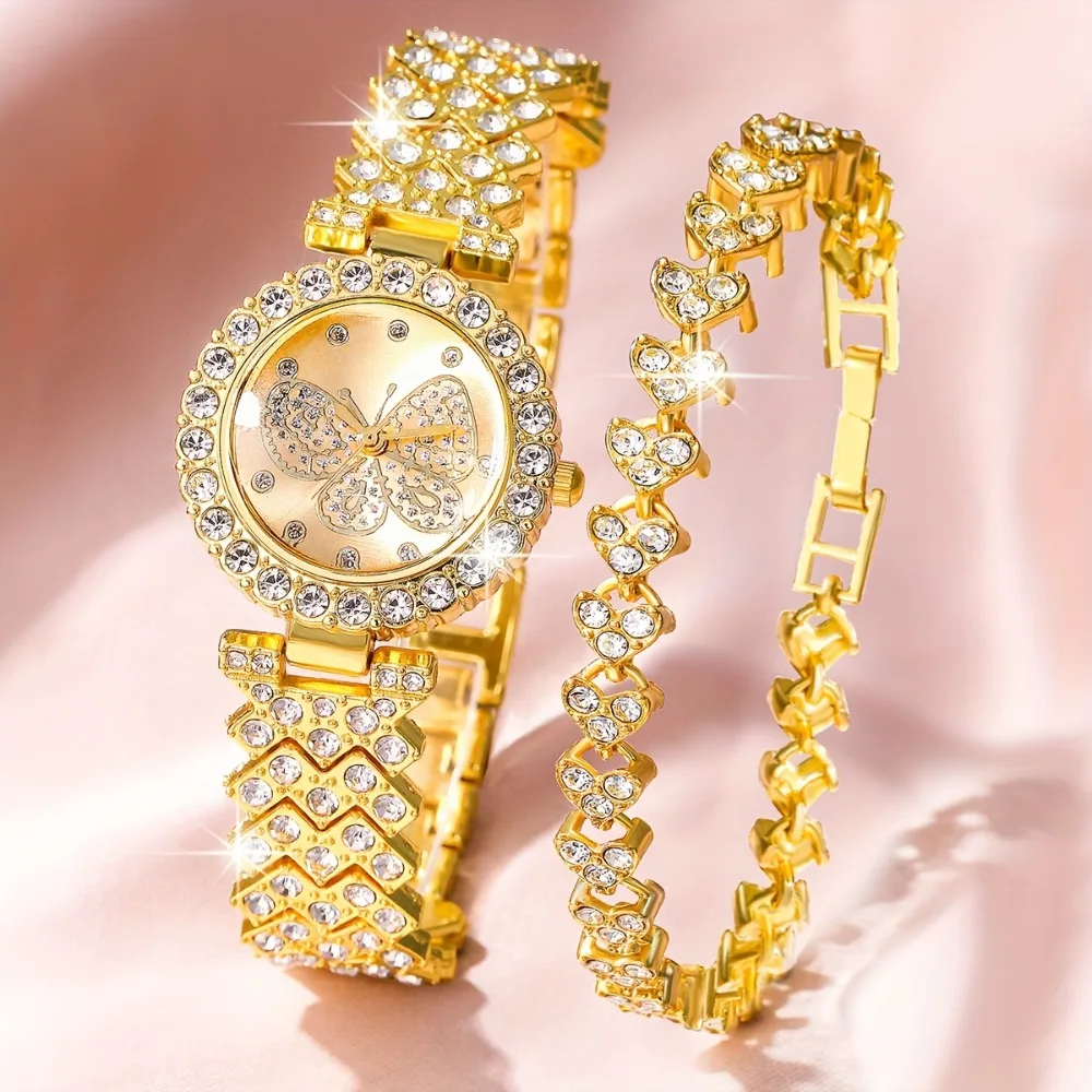Women's Watch 2pcs Gorgeous Full Rhinestone Butterfly Rhinestone Decorated Quartz Watch and Bracelet Jewelry Set