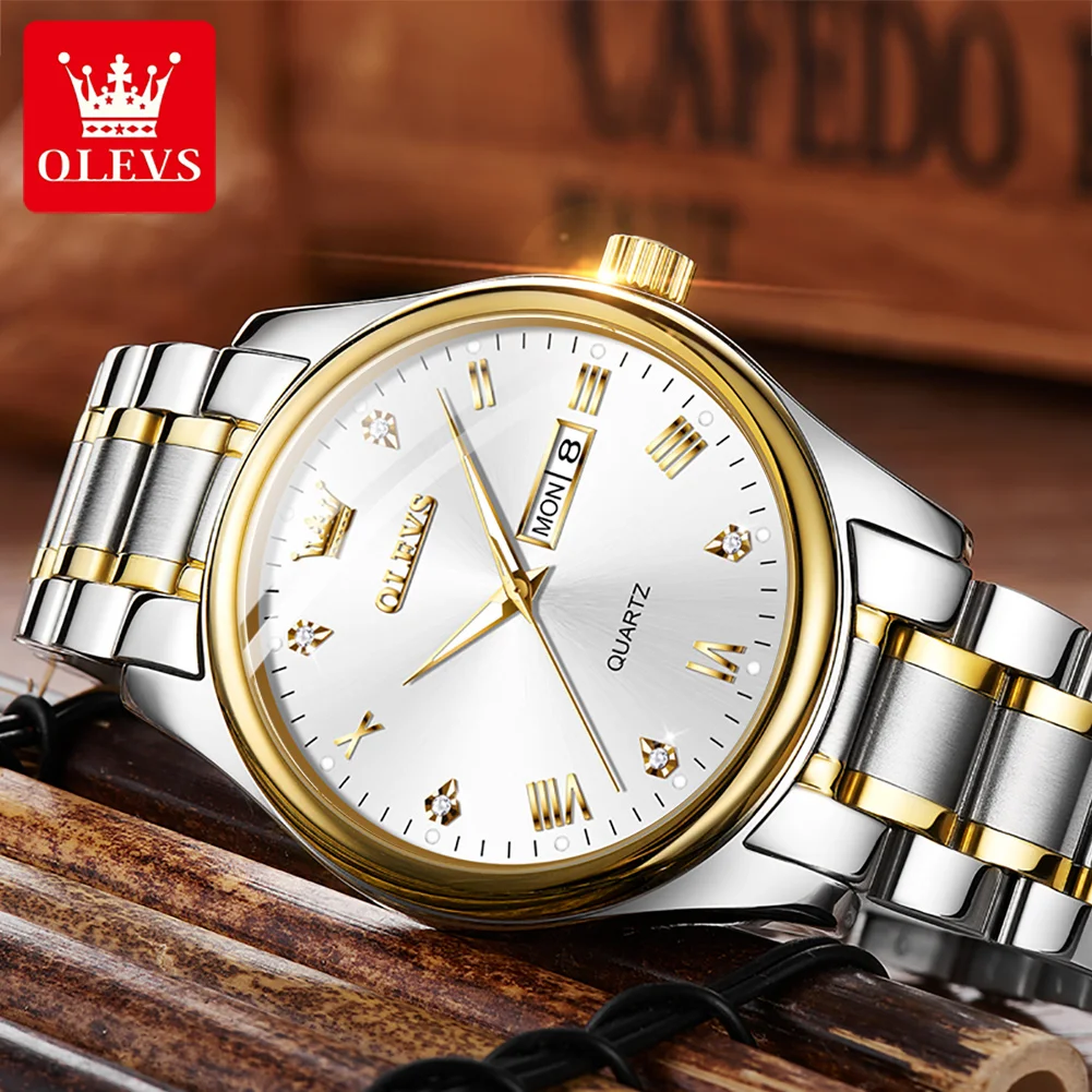 OLEVS Top Brand Quartz Watch for Men Digital Dial Week Date Stainless Steel Luminous Luxury Business Wristwatch Man Hand Clock