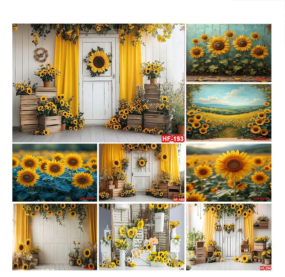 Yellow Sunflowers Backdrops for Photography Rustic Wooden Fence Background Bridal Baby Shower Sweet Birthday Party Decoration